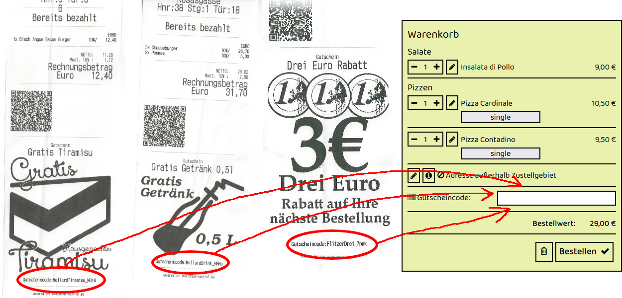 Beispiel für Gutscheincodes auf Rechnungszetteln von Deniz Pizzahaus in Bruck an der Leitha Bundesstrasse 1871 – drei Rechnungen mit individuellen Gutscheincodes, die im Online-Warenkorb des Restaurants eingegeben werden können.