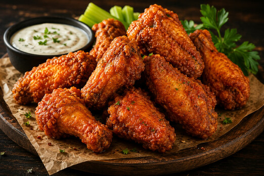 Knusprig gebackene Crispy Chicken Wings mit goldbrauner Panade, cremigem Dip und frischen Kräutern auf einem rustikalen Holzbrett – frisch zubereitet bei Deniz Pizzahaus in Bruck an der Leitha.