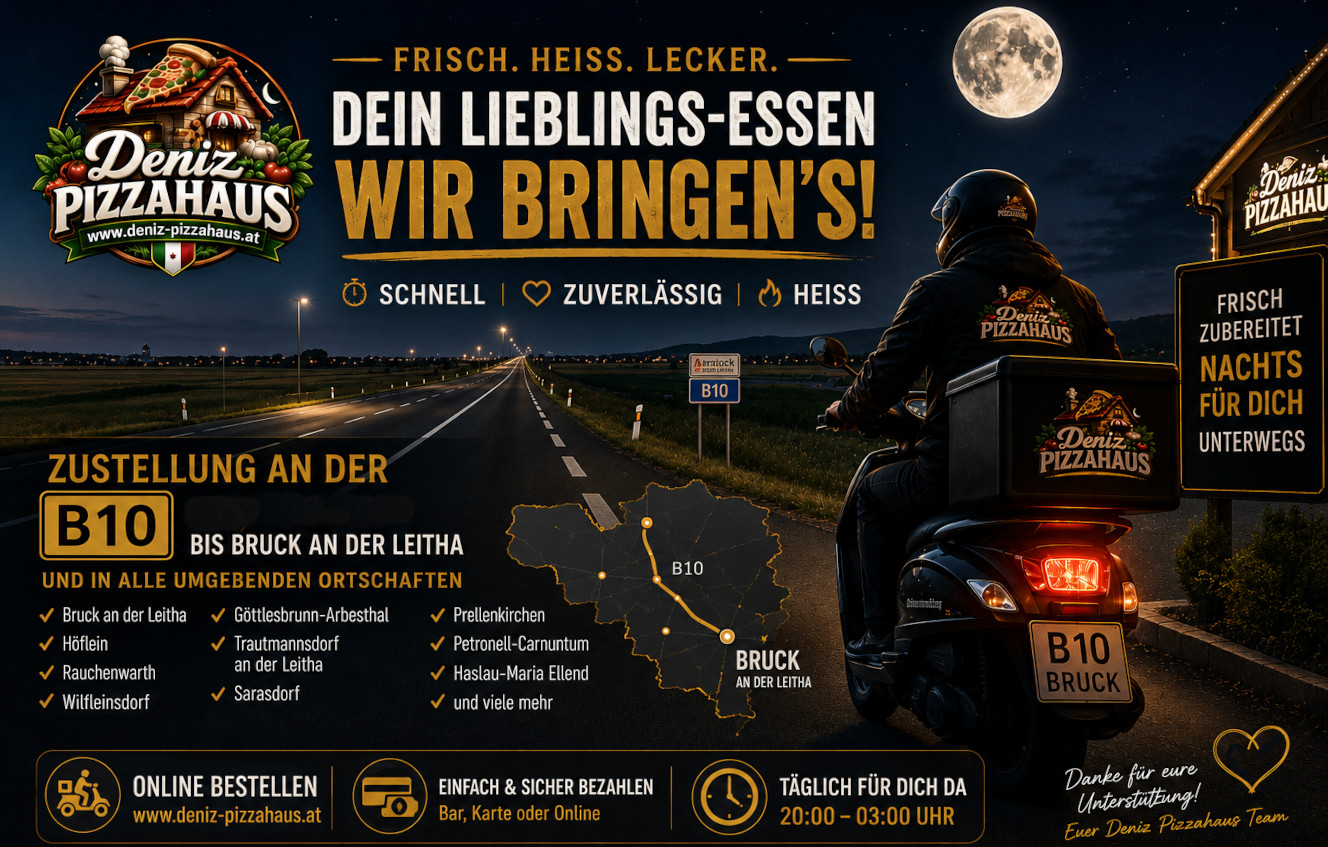 Deniz Pizzahaus liefert nachts frische Pizza, Pide, Burger und weitere Spezialitäten entlang der B10 nach Bruck an der Leitha und in die umliegenden Gemeinden. Ein Lieferfahrer auf einem Roller fährt auf der Bundesstraße unter dem Mondlicht.