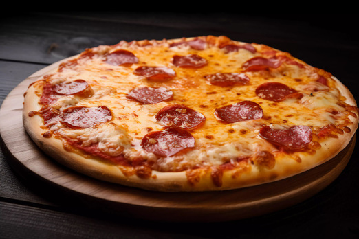 Frisch gebackene Pizza mit geschmolzenem Käse, Salami und knusprigem Boden auf einem Holzbrett – Spezialität von Deniz Pizzahaus in Bruck an der Leitha.